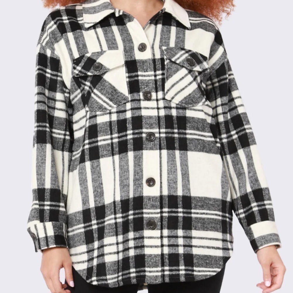 Dex Button Front Flannel Shacket Jacket Cream White Black XS